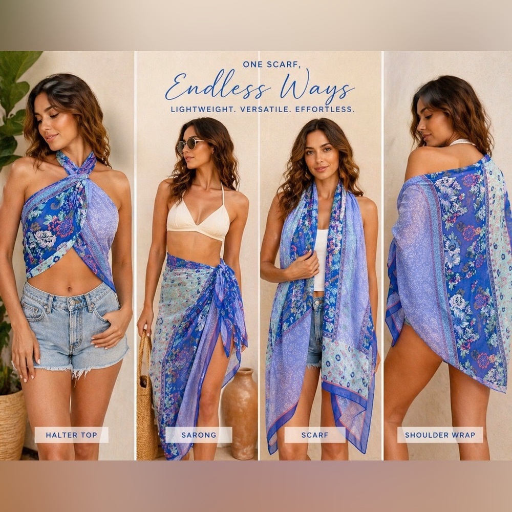 Sadie Paige Convertible Scarf Sarong | Blue Floral Patchwork | Beach Wrap